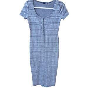 Popular Basics Gray Plaid Bodycon Dress Size M Zip Front Academia Office Siren